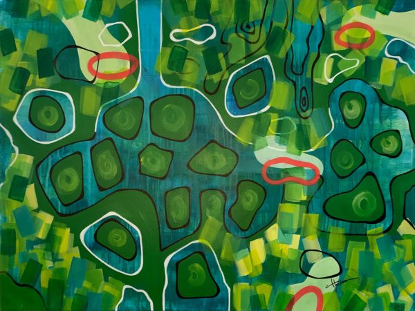 quadro sopra divano – arte-desde arriba_calm_from above_colorful_green_blue_contemporary art_sky_river_mainland_island_cloud_mountain_athenea sosa
