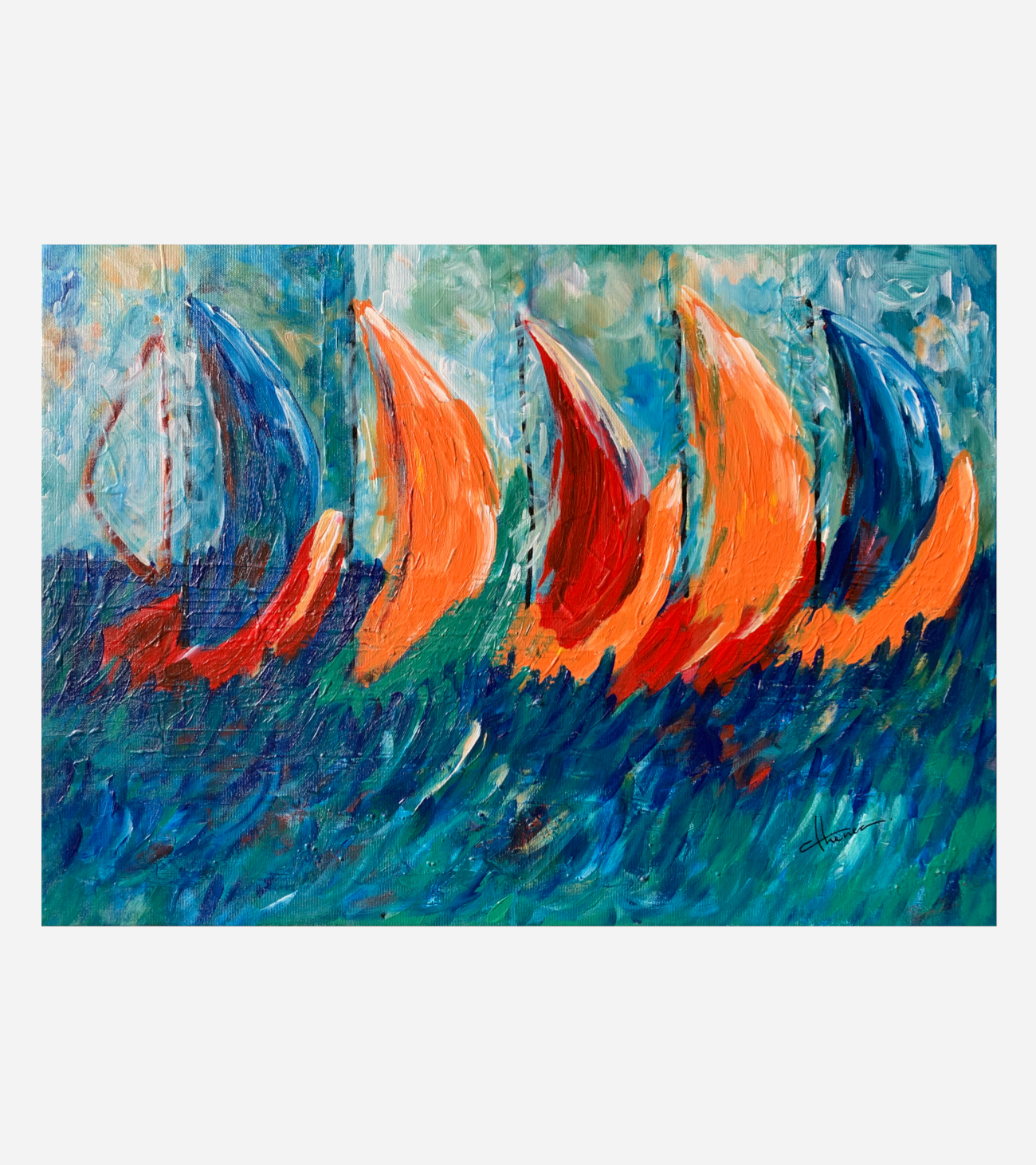 quadro barche a vela-viraje_turn_sailing boat_spatula_blue_orange_colors_sea_clouds_sky_athenea sosa
