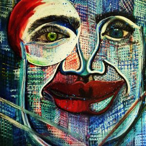 quadro volti – arte contemporanea-whole_total_new_york_buildings_faces_eyes_mouths_lips_blue_green_athenea sosa