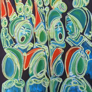 quadro coral – arte contemporanea-il coro_the chorus_green_happy people_red hats_black background_at night_athenea sosa