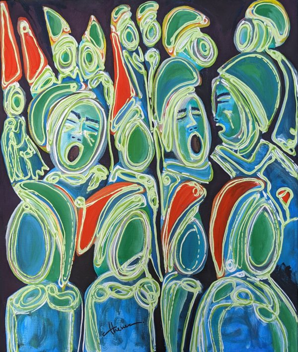 quadro coral – arte contemporanea-il coro_the chorus_green_happy people_red hats_black background_at night_athenea sosa