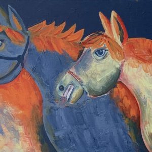 quadro cavalli – arte contemporanea-amicizia-friends_horse_orange_blue_texture_animal_colorful_elegance_sophisticated design_athenea sosa