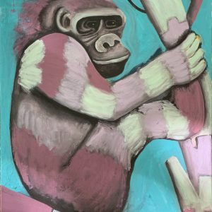 quadro scimmia – arte contemporanea-dolce e zuccherato_calm_happiness_smile_colors_blue_pink_animals_nature_sky_tree_athenea sosa