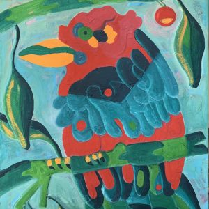quadro uccelli – arte contemporanea-guacamo_macaw_colorful_textures_nature_flowers_green_red_tree sheet peak_athenea sosa